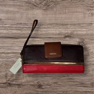 🆕 NWT Fossil Madison Zip Clutch Bronze Multicolor Leather Wristlet Colorblock